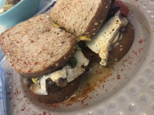 Hummus, mushroom, tofu sandwich  at The V Factor in Lanzarote