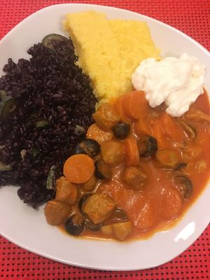 Soy Stroganoff, black rice, polenta and homemade mayo at Bonta e Sapore in Turin