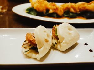 Steamed buns w. crispy soy duck, cucumber & cilantro at Herban Fix Vegan Kitchen in Atlanta