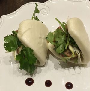 steamed buns with crispy soy duck  at Herban Fix Vegan Kitchen in Atlanta