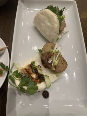Steamed buns w. crispy soy duck, cucumber, scallions & cilantro   at Herban Fix Vegan Kitchen in Atlanta