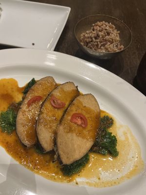 Pan-seared fish  at Herban Fix Vegan Kitchen in Atlanta