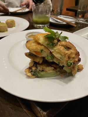 Pan seared veggie pancakes  at Herban Fix Vegan Kitchen in Atlanta