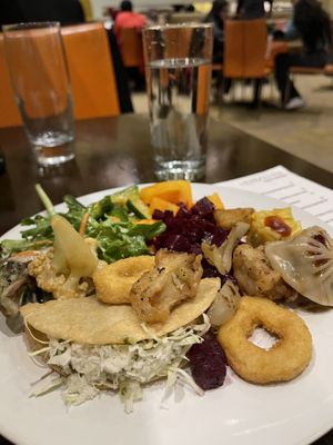 Diverse and tasty food choices, vegan calamari, yum! #Veganuary at Herban Fix Vegan Kitchen in Atlanta