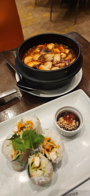 Tofu mushroom soup and fresh rolls at Herban Fix Vegan Kitchen in Atlanta