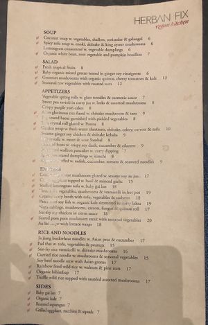 Menu (as of 9/28/19) at Herban Fix Vegan Kitchen in Atlanta