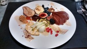 Various fruits with sauce and an olive oil sorbet at La Table des Roy in Nantes