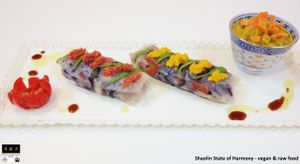 Shaolin State of Harmony - vegan & raw food: 
FIRST PLATE- SPRING ROLL: 'COLORED TRASPARENCY' at Shaolin State of Harmony in Milan