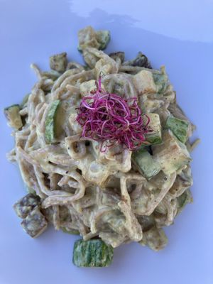 Vegan carbonara with seitan and zucchini  at Antica Osteria dell'Abate in San Sebastiano Da Po