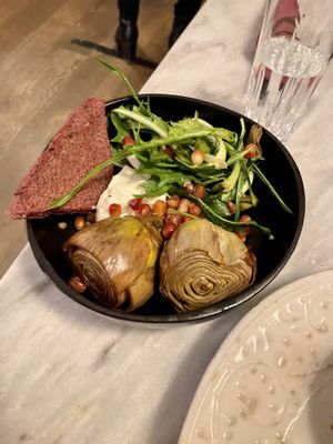 Artichokes with cashew cream and pomegranate   at Botanica Lab in Bologna