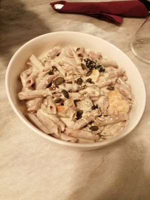 Pasta of the day with some pumpkin and aubergine pieces at Botanica Lab in Bologna