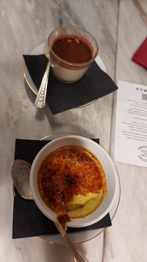 Creme brulé and something that looks like tiramisu but has another name. Different from tiramisu as it has no biscuit/base, it's more like a cheesecake with coffee taste at Botanica Lab in Bologna