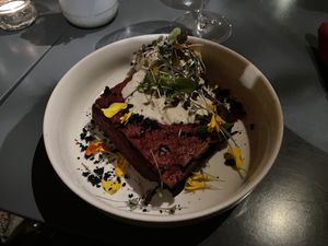 Beetroot lasagne with rosemary ice cream   at Botanica Lab in Bologna