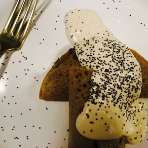 Buckwheat Crepe w. Purple Potato & Lemon Ginger Sour 'Cream' at Botanica Lab in Bologna