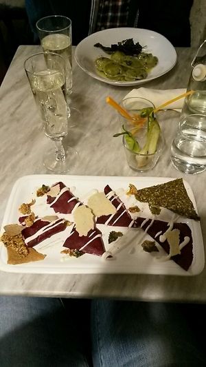 two main courses - tortellini and raw beetrot ravioli at Botanica Lab in Bologna