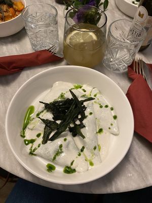 Green triangles with artichokes  at Botanica Lab in Bologna