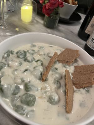 Gnocchi, cashew cream and peas   at Botanica Lab in Bologna