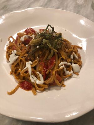 Tagliatelle with tomatoes  at Botanica Lab in Bologna
