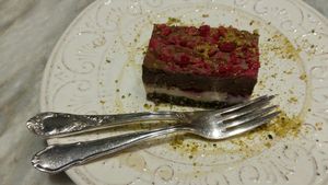 Raspberry chocolate cheesecake at Botanica Lab in Bologna