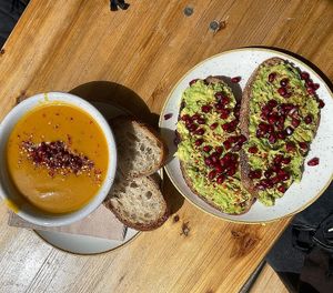 sweet potato soup & avocado toast  at Rawberry in Winchester