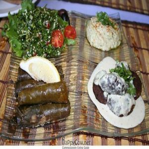 Vegan Middle Eastern Plate (yummy stuffed grape leaves, herbed hummus, and falafel - all gourmet by Mary) at Mary's Secret Garden in Ventura