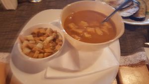 Creamy vegetable soup with croutons (vegan) at Hotel Sighisoara in Sighisoara