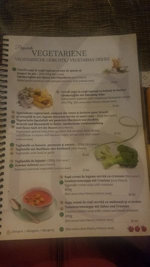 Vegetarian menu at Hotel Sighisoara in Sighisoara
