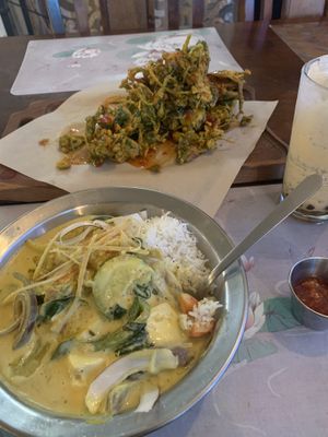 Pakora in the back, tofu curry in the front  at The Red Dot Vegetarian Kitchen in Frazier Park