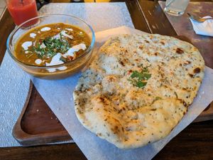 Tikka Masala with naan at The Red Dot Vegetarian Kitchen in Frazier Park