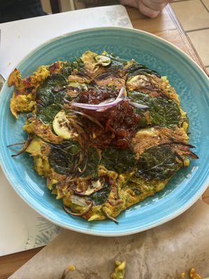 Savory pancakees  at The Red Dot Vegetarian Kitchen in Frazier Park