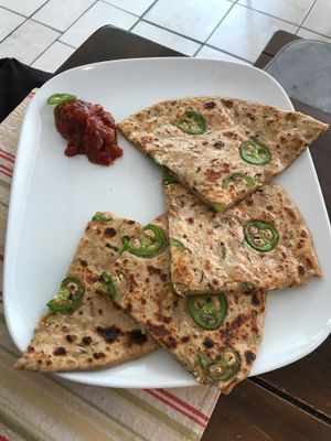Jalapeño and cheese stuffed paratha  at The Red Dot Vegetarian Kitchen in Frazier Park