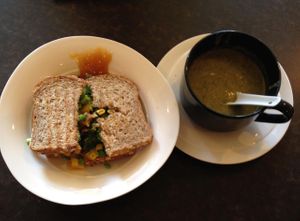 Sandwich and soup at Heaven on Earth Cafe in Vancouver