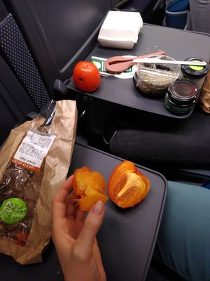 Fruits for our train travel, and some bread and vegan croissant with reduction to avoid food waste :) at Veritas - Via Laietana in Barcelona