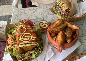 sweet potato pie, burger, potato wedges at Public Bar & Vegan Kitchen in Bled