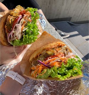 Vegan burgers with corn bread bun at Public Bar & Vegan Kitchen in Bled