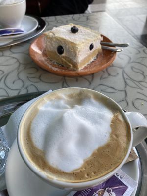 cappuccino and cake at Public Bar & Vegan Kitchen in Bled