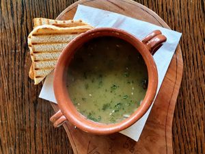 Leek soup. at Public Bar & Vegan Kitchen in Bled