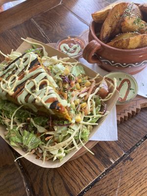 potato pie on salad and extra potatoes because why not   at Public Bar & Vegan Kitchen in Bled