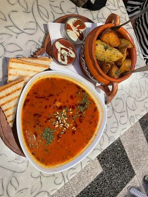 Tomato soup and potato wedges at Public Bar & Vegan Kitchen in Bled