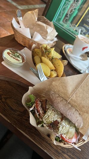 House and club burger & potato wedges   at Public Bar & Vegan Kitchen in Bled