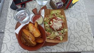 Cheakpea fritters and potatos at Public Bar & Vegan Kitchen in Bled