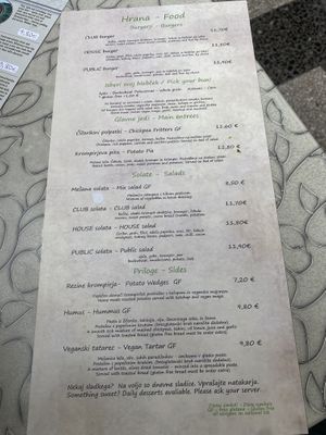 Menu as of 19/07/2023  at Public Bar & Vegan Kitchen in Bled