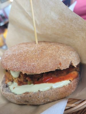 Pepper and chickpea based burger at Public Bar & Vegan Kitchen in Bled