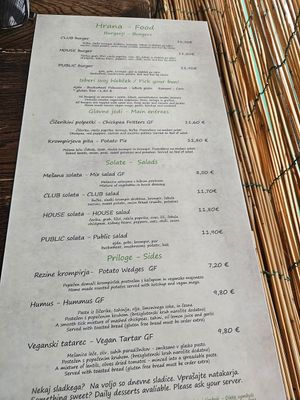 Menu in September 2023 at Public Bar & Vegan Kitchen in Bled
