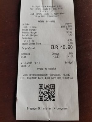 Our receipt at Public Bar & Vegan Kitchen in Bled