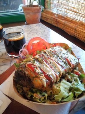 Potato pie and salad at Public Bar & Vegan Kitchen in Bled