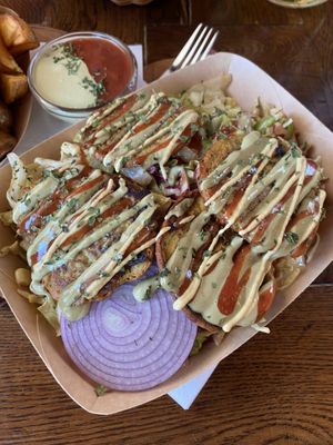 Chickpea fritters (was ok, too much salad)  at Public Bar & Vegan Kitchen in Bled