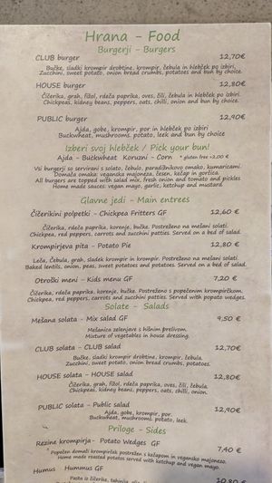Menu at Public Bar & Vegan Kitchen in Bled