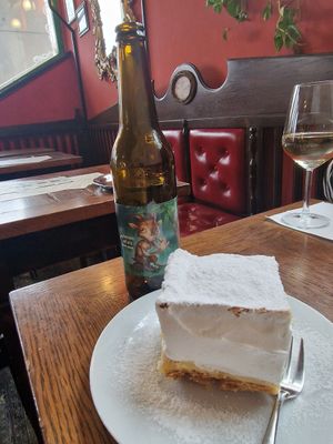 Lake bled cake 5€ and sweet stout beer at Public Bar & Vegan Kitchen in Bled