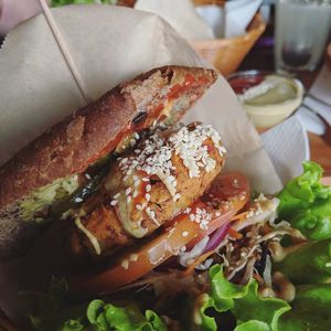 House patty with buckwheat bun at Public Bar & Vegan Kitchen in Bled